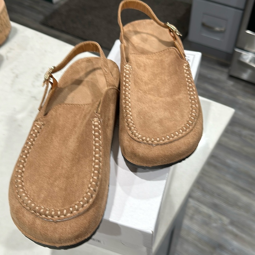 Camel Colored Slides, Suede Size 9 - image 1